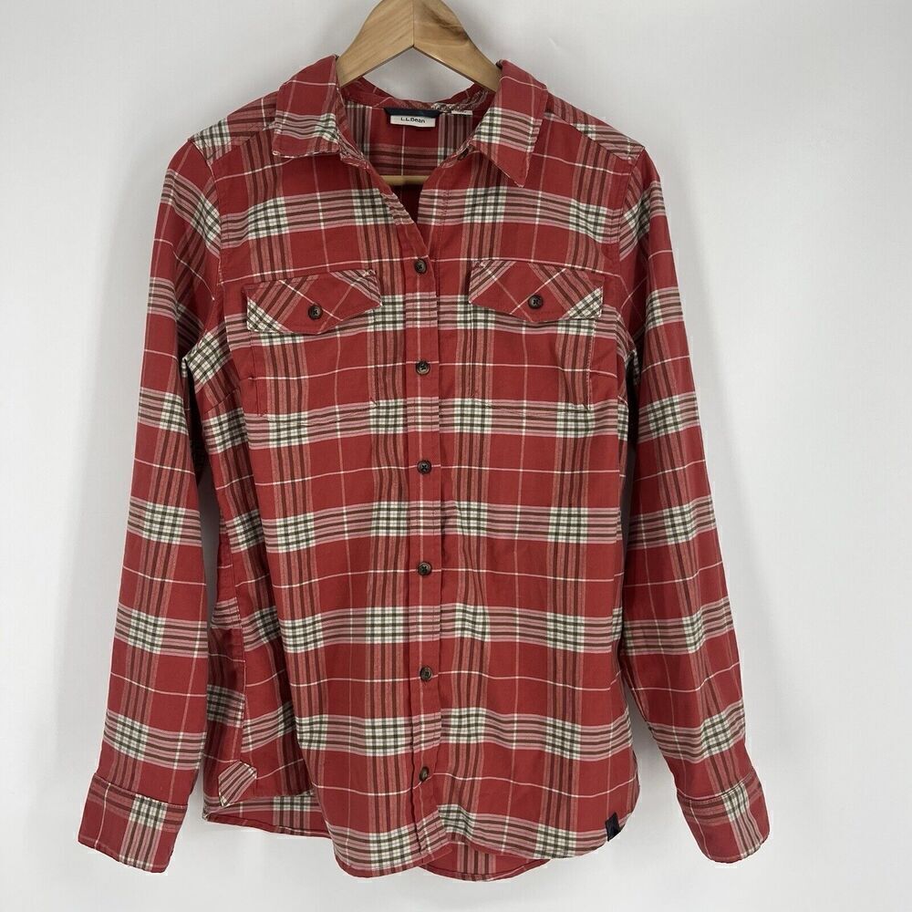LL Bean Shirt Size Medium Womens Pink Plaid Whisper Lodge Flannel Top Button Up